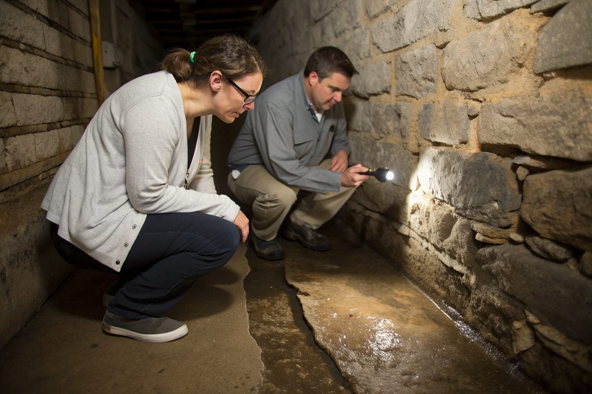 Two people crouching with a flashlight to look at a damp patch on a stone basement wall