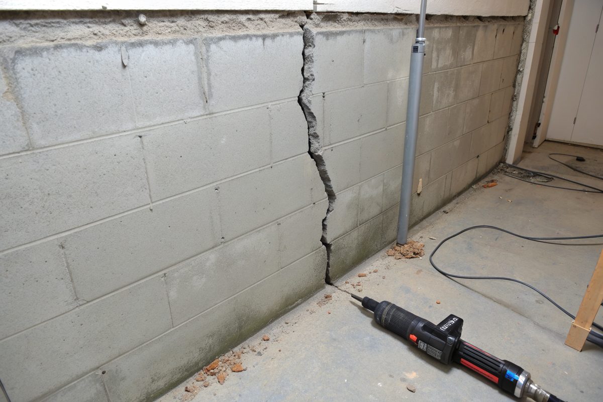 A long vertical crack in a block basement wall with a sealant gun on the floor below