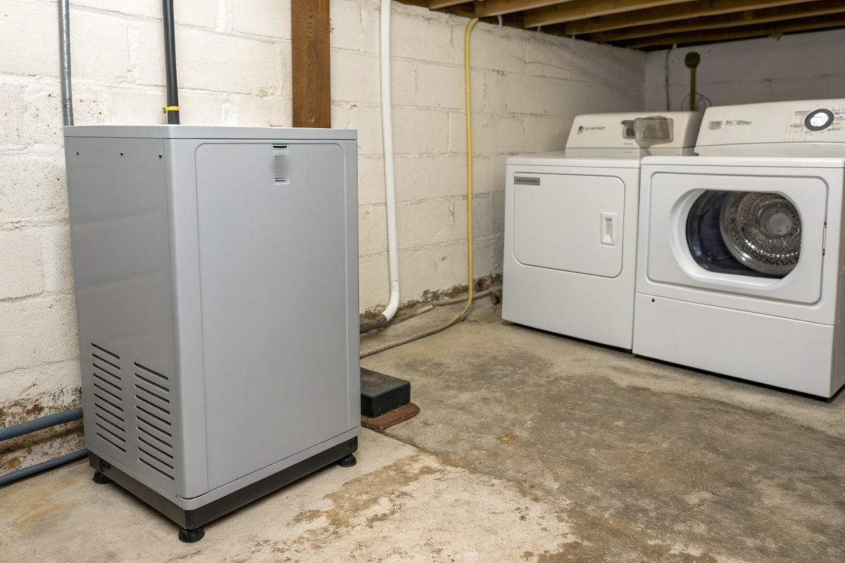 A gray dehumidifier on a dry basement floor next to a white washer and dryer