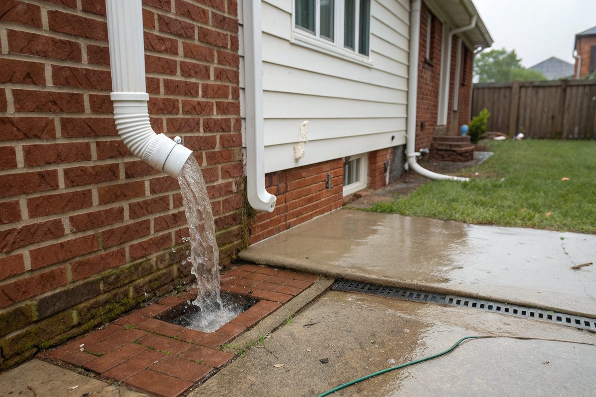 A downspout on the back of a brick rowhouse spilling rainwater across a small concrete patio