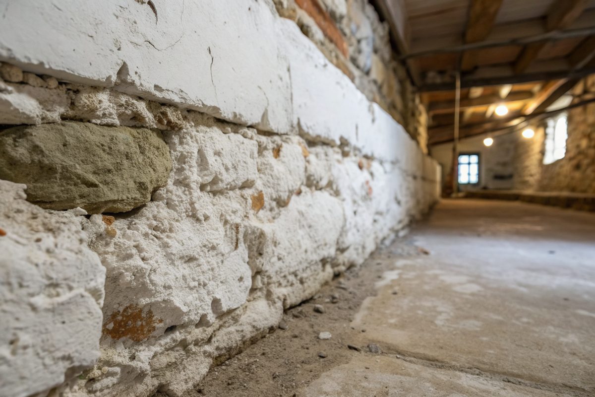 White crusty efflorescence and crumbling mortar on an old stone basement wall