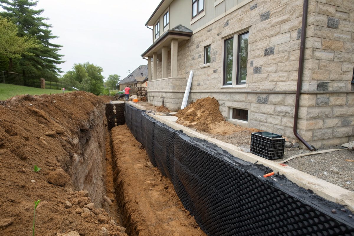 A trench along a stone house exposing a foundation wrapped in black waterproofing membrane