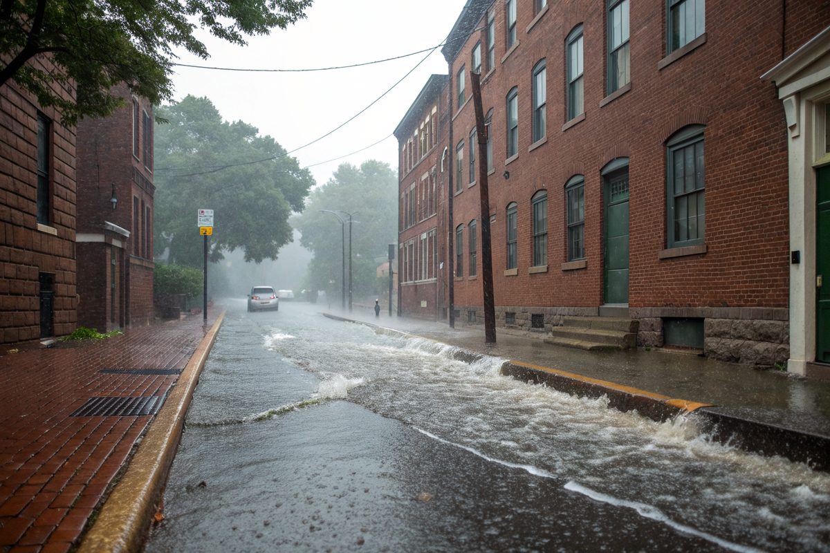 Heavy rain running along the curb of a street of brick rowhouses