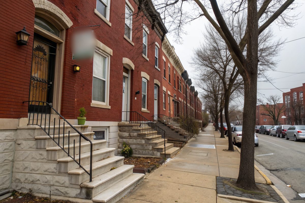 A row of red brick rowhouses with stone front steps and small basement windows at sidewalk level