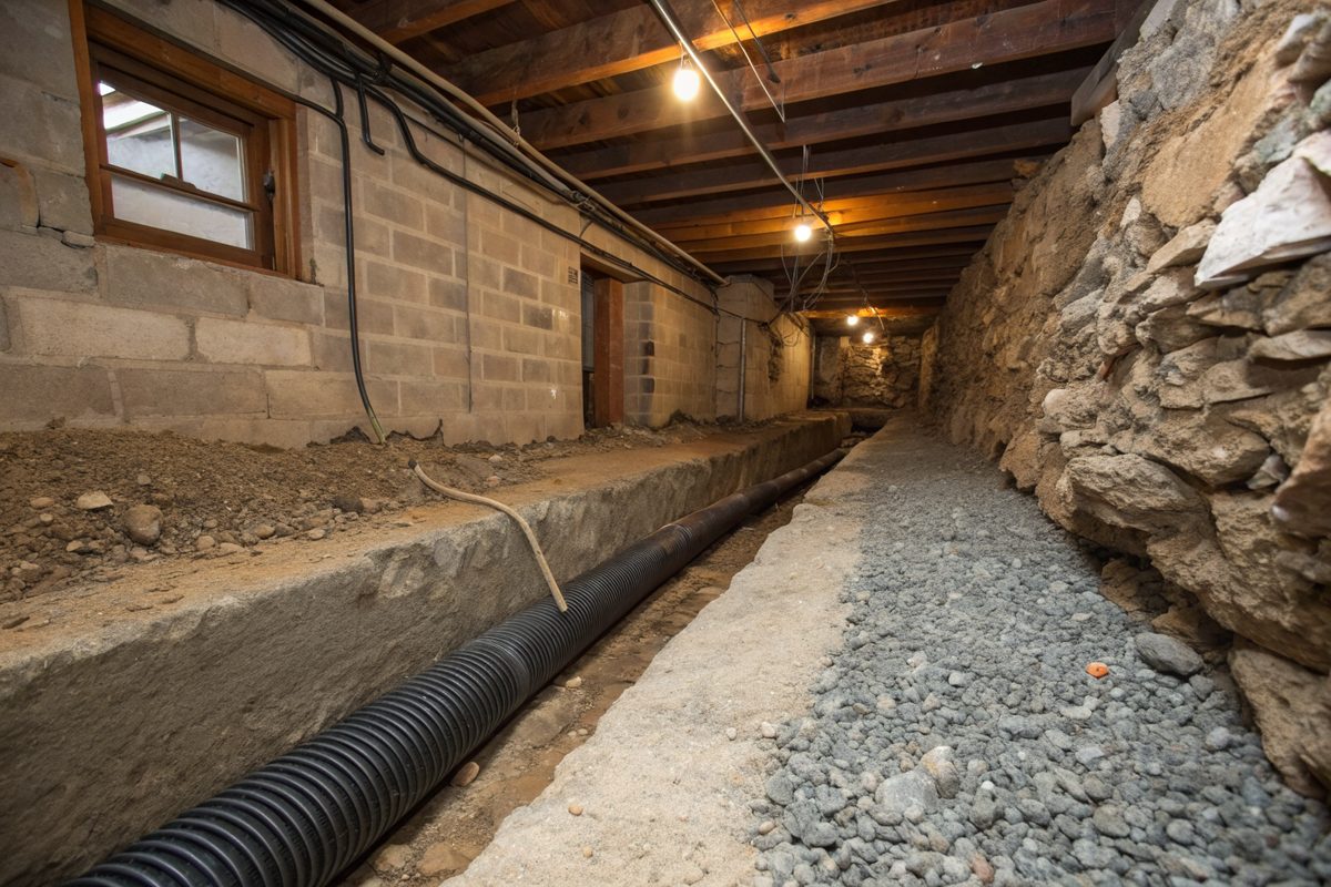 A trench cut along a basement wall holding gravel and a black perforated drain pipe