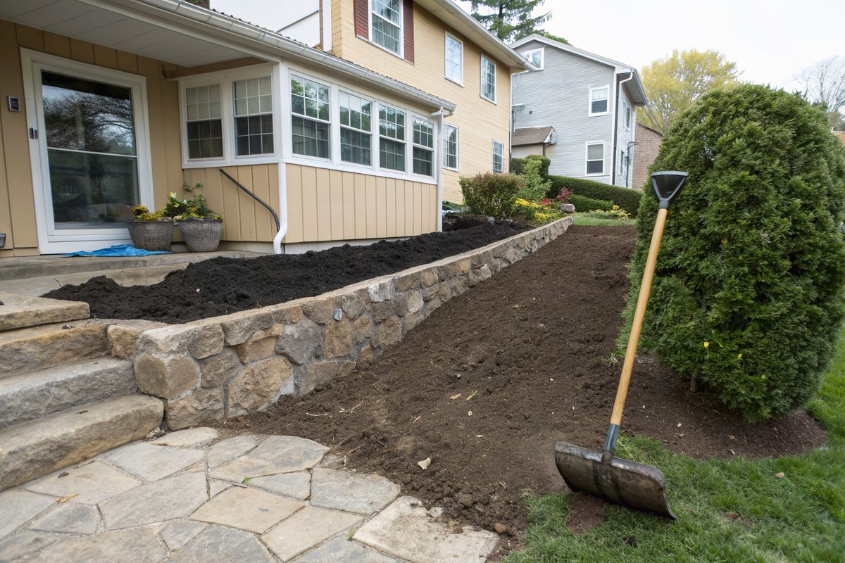 Fresh soil graded away from the stone foundation of a twin house, with a shovel in the bed