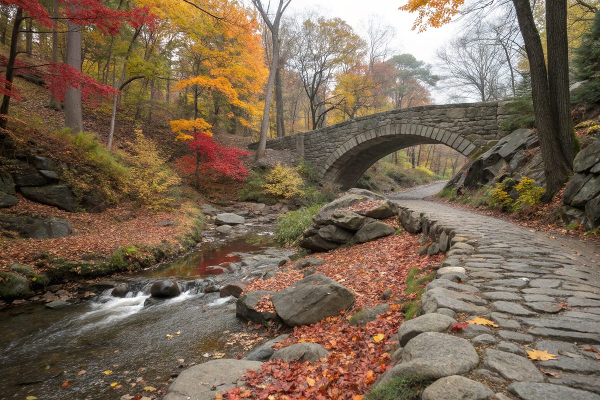 A rocky wooded creek with a stone arch bridge and a trail in autumn