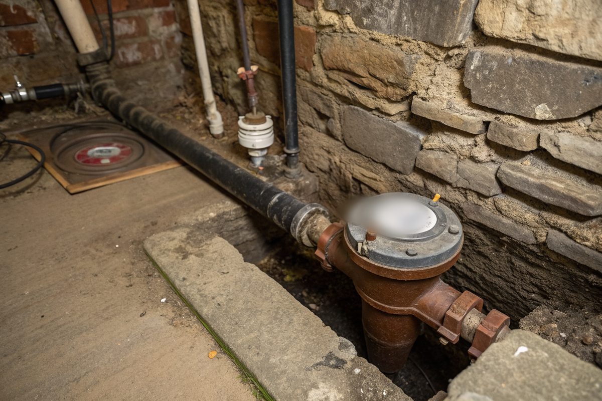 A backwater valve with an inspection cover on an old cast iron drain line beside a stone basement wall