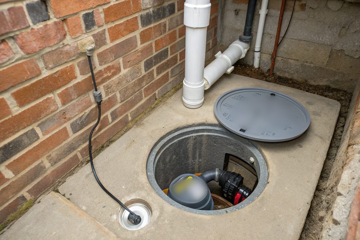 A sump basin with its lid open in a basement floor beside a brick wall, with a white discharge pipe