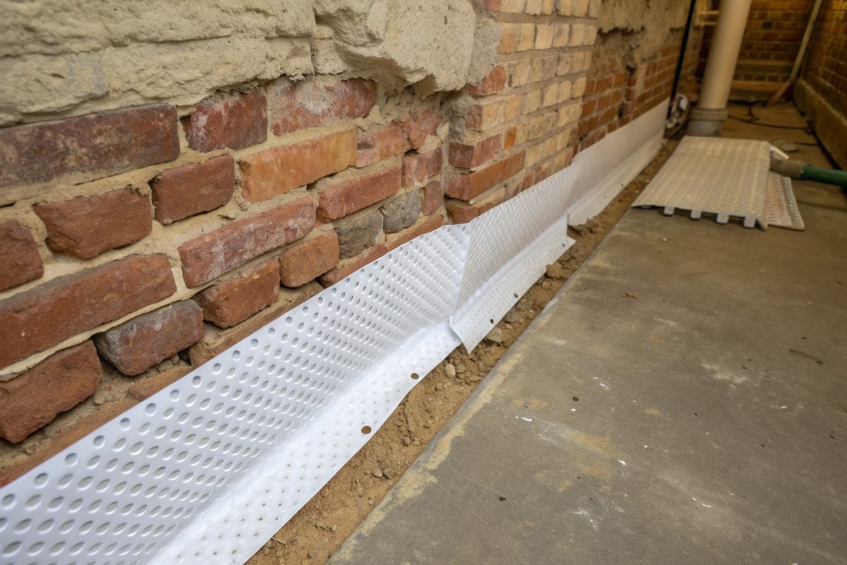 A white dimpled drainage membrane along the base of an old brick basement wall