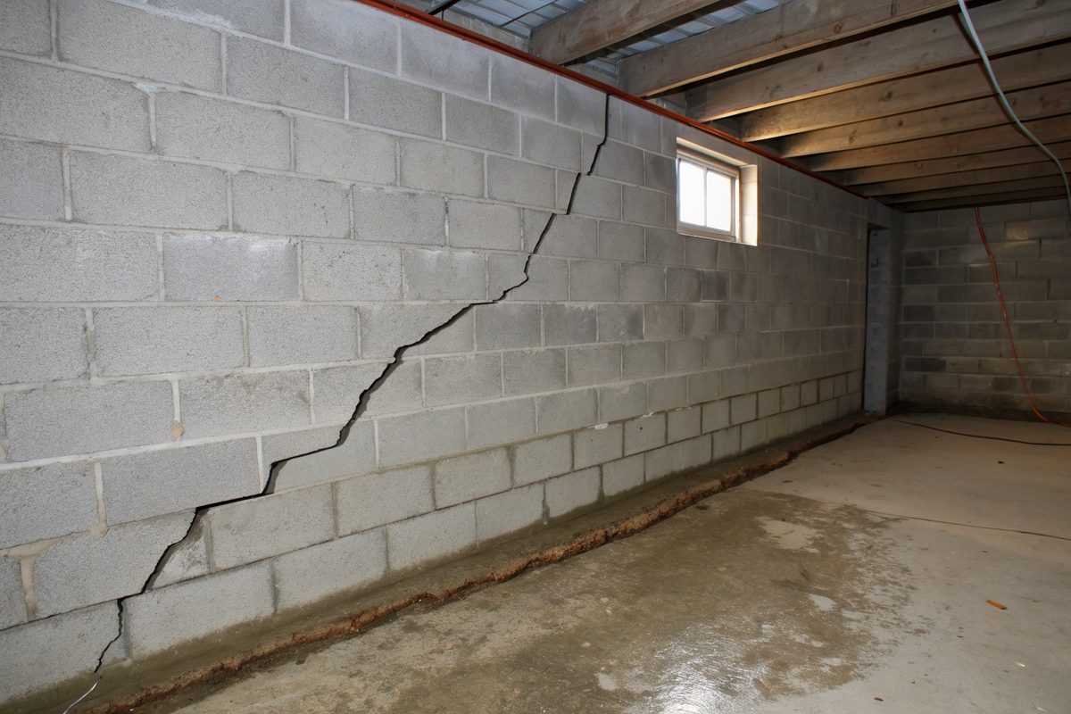 A diagonal crack running across a gray concrete block basement wall