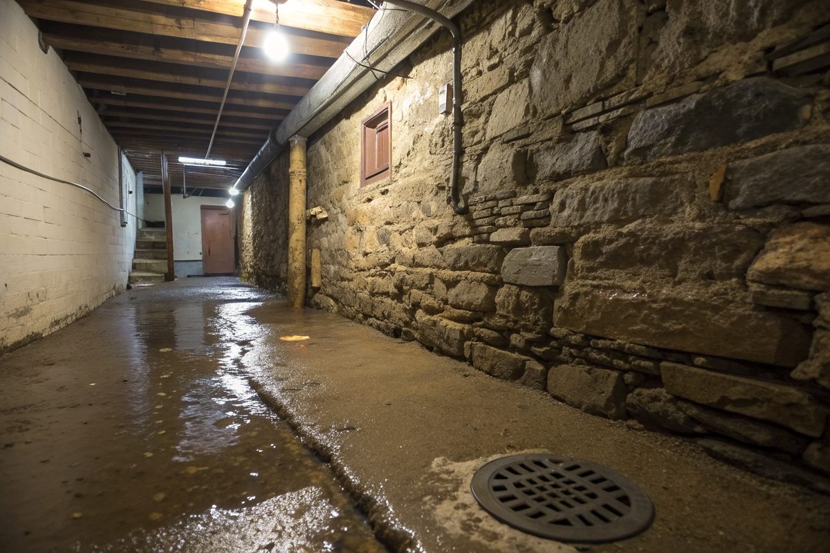 Water spreading across a narrow basement floor beside an old rubble stone wall toward a floor drain
