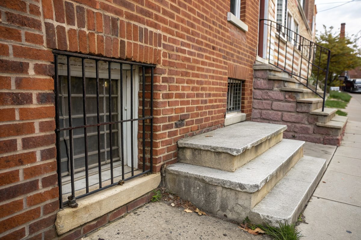 A barred basement window low in the brick front of a rowhouse beside stone steps
